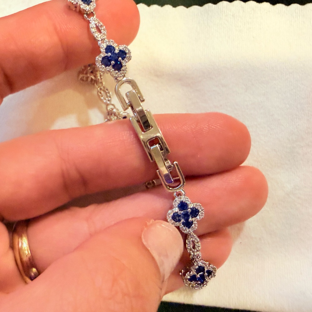 Women's Blue Sapphire Flower Link Bracelet - Sterling Silver - Picture 6 of 6